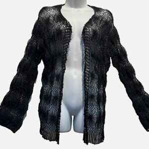 Nwot CHICO'S DESIGN black rayon crochet net fringe CARDIGAN TOP S/M but fits L
